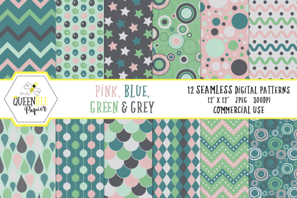 Seamless Pink, Blue, Green, Grey Digital Paper